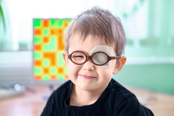 A little boy wearing glasses and an eye patch. He undergoes vision treatment to prevent amblyopia and strabismus (squint, lazy eye).